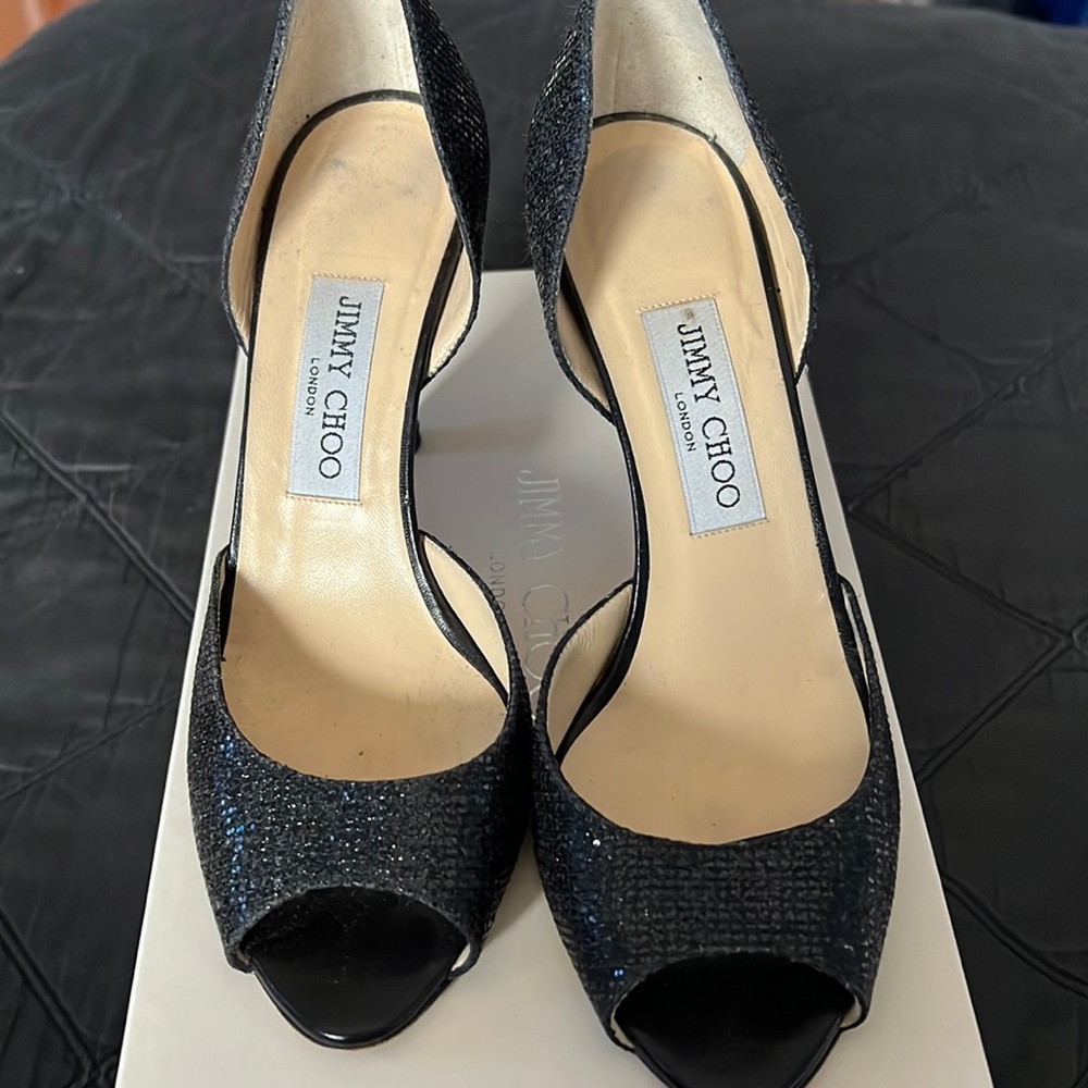 Jimmy Choo black glitter peep toe gently worn